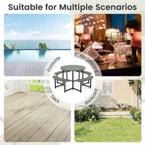 8 Person Round Outdoor Picnic Table Bench Set with Umbrella Hole, All-Weather HDPE Tabletop & Metal Frame for Patio Garden Yard