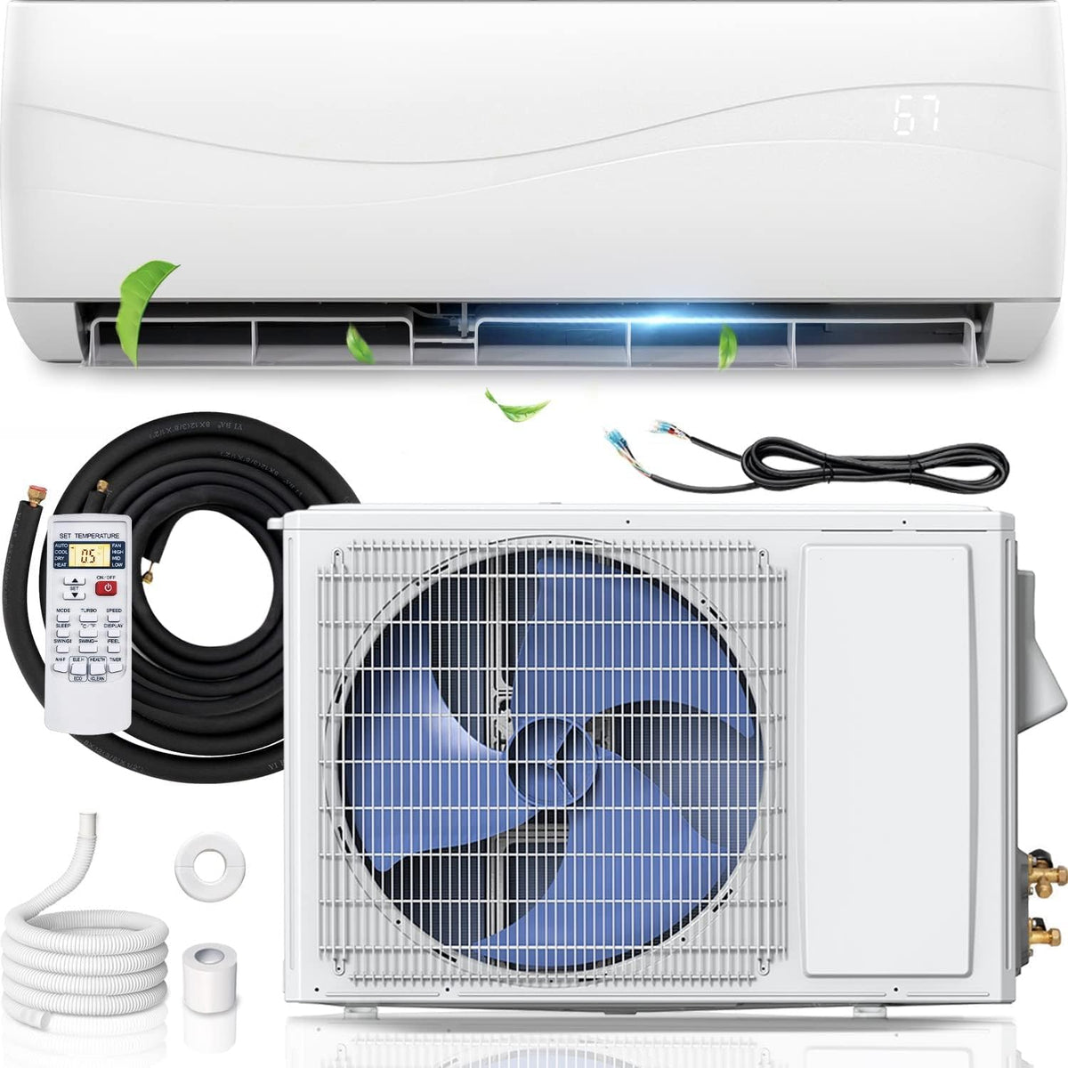 9000 BTU 17 SEER2 Mini Split Air Conditioner & Heater Ductless Inverter System, 208-230V Wall-Mounted AC Unit with Heat Pump
