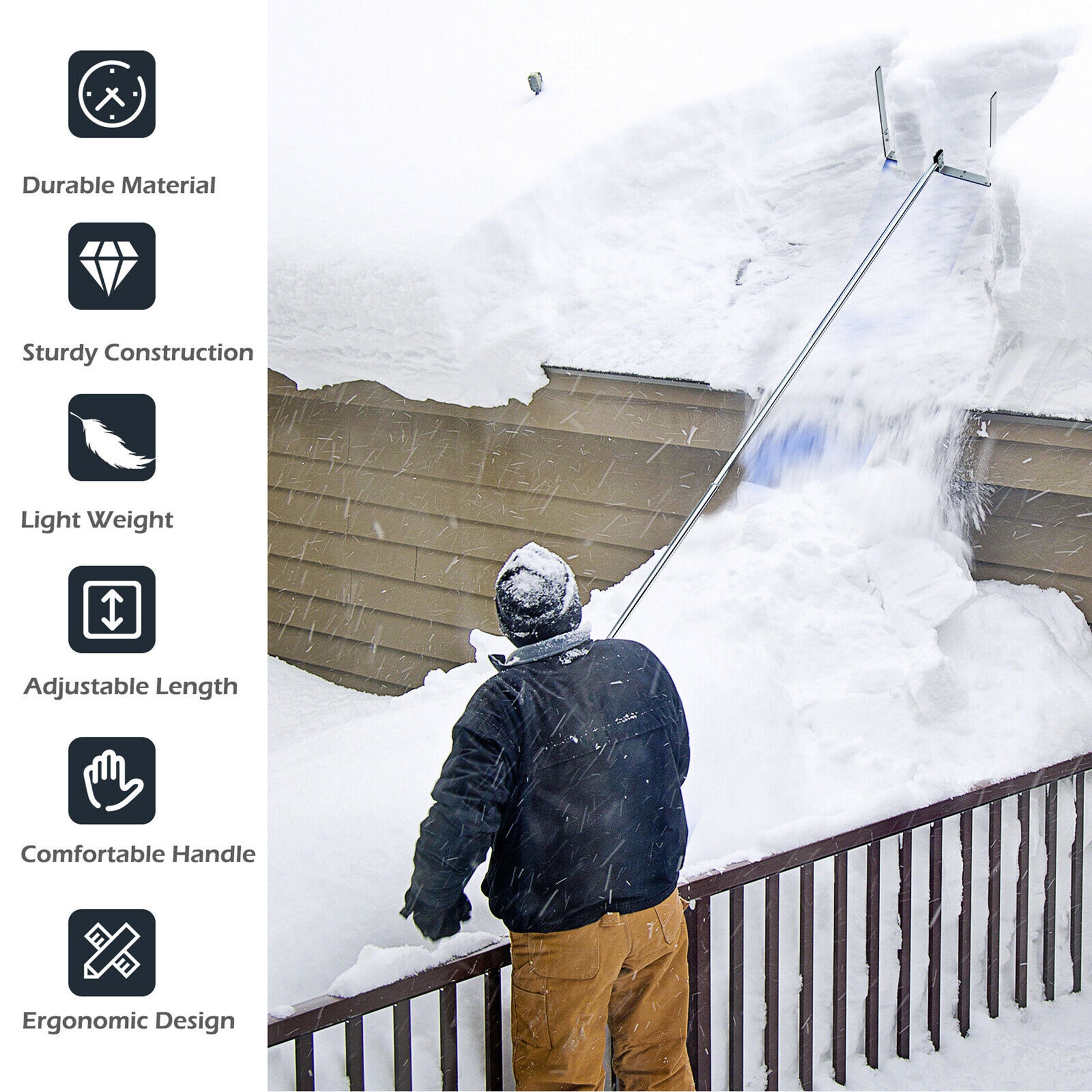 Snow Shovel Roof Rake, Aluminum Snow Rake w/ Extendable & Non-Slip Handle, Extra-large & Sturdy Snow Slice, Suitable for Removing Snow, Wet Leaves, Branches & Dust