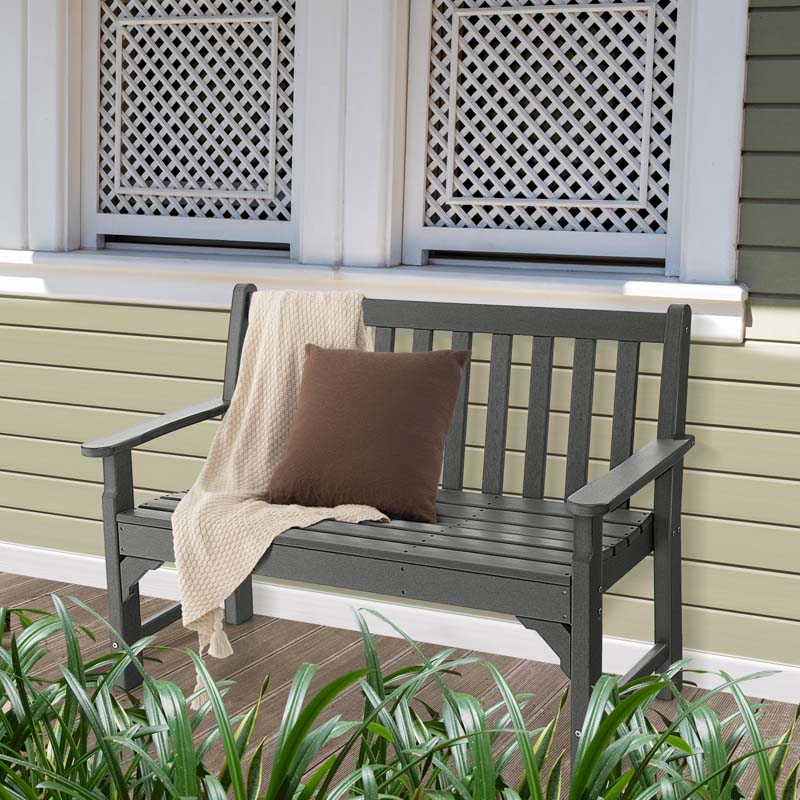 50" HDPE All-Weather Outdoor Patio Bench 2-Person Garden Park Bench Porch Loveseat Chair with Backrest & Armrests