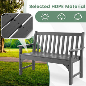 50" HDPE All-Weather Outdoor Patio Bench 2-Person Garden Park Bench Porch Loveseat Chair with Backrest & Armrests