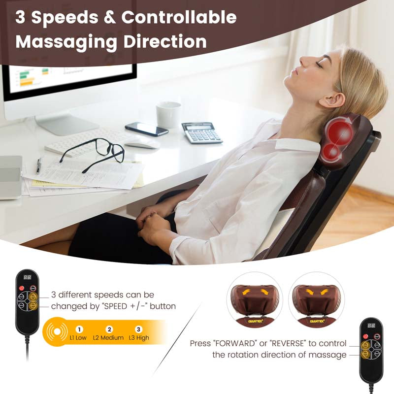 Neck & Back Massager Chair Pad with Adjustable Pillow & 3 Speeds, Rolling Shiatsu Massage Seat Cushion for Car Office Home
