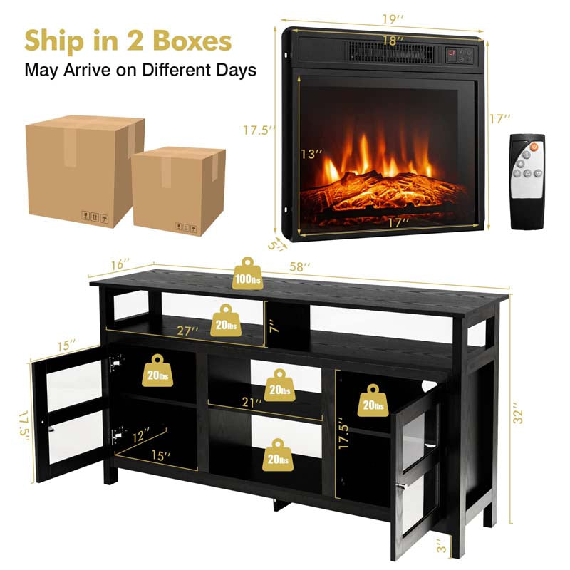 58" Fireplace TV Stand for TVs up to 65" with 18" 1400W 5000 BTU Electric Fireplace Heater Insert Built-in Thermostat, 6H Timer