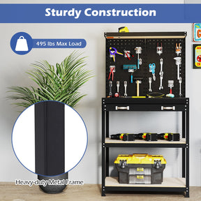 32" x 16" Workbench with Pegboard, 495 LBS Work Table with Drawer, Open Shelves, Heavy Duty Work Bench Workstation for Garage Workshop Warehouse