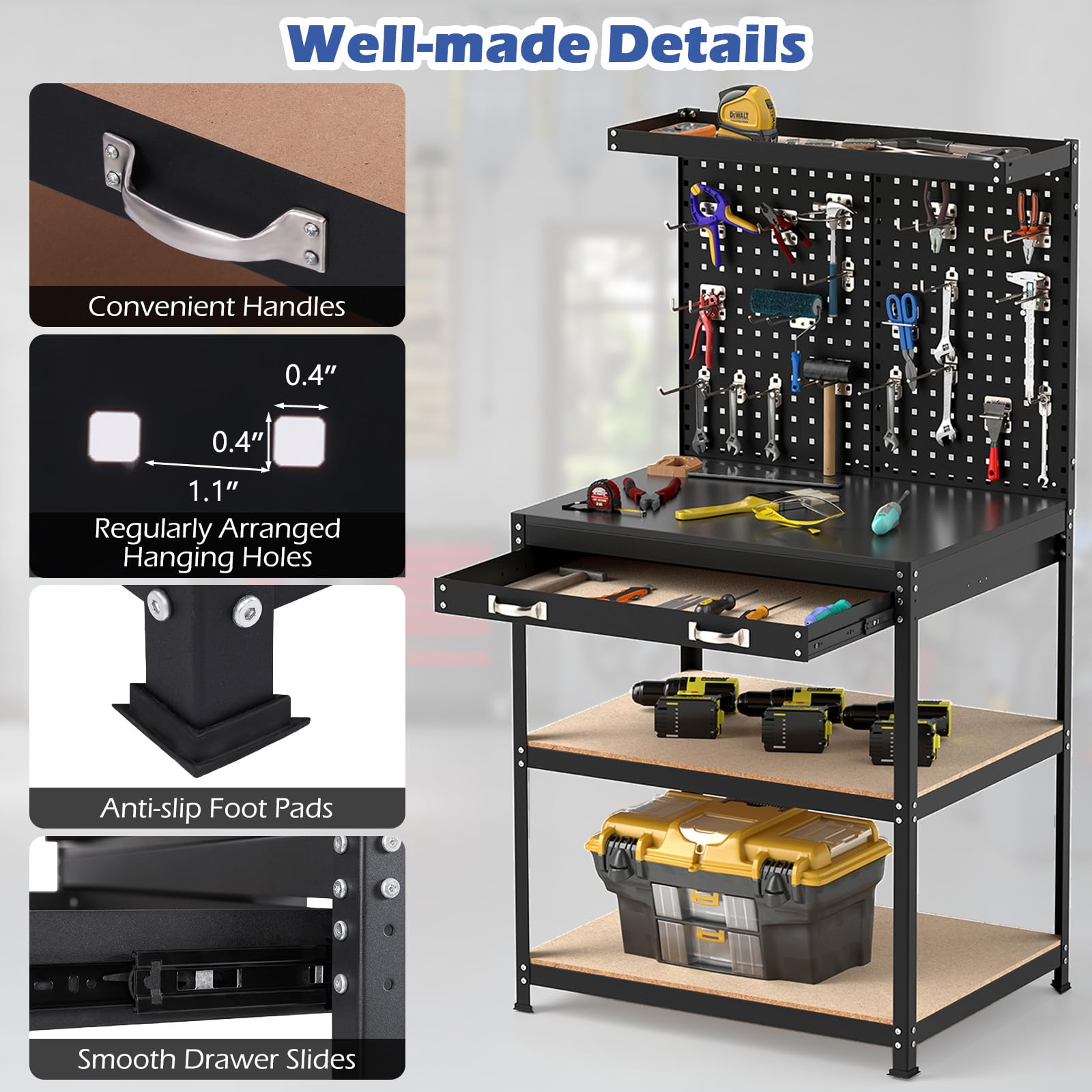 32" x 16" Workbench with Pegboard, 495 LBS Work Table with Drawer, Open Shelves, Heavy Duty Work Bench Workstation for Garage Workshop Warehouse