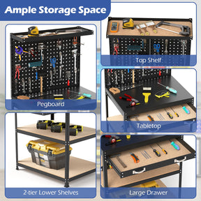 32" x 16" Workbench with Pegboard, 495 LBS Work Table with Drawer, Open Shelves, Heavy Duty Work Bench Workstation for Garage Workshop Warehouse