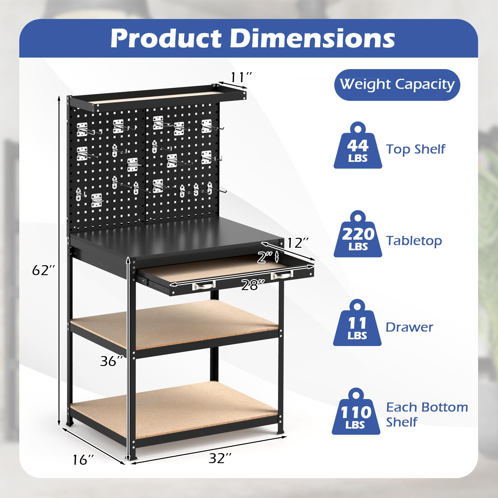 32" x 16" Workbench with Pegboard, 495 LBS Work Table with Drawer, Open Shelves, Heavy Duty Work Bench Workstation for Garage Workshop Warehouse