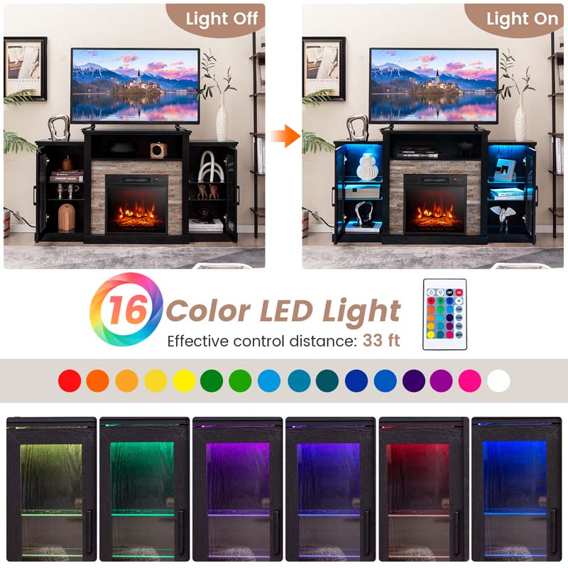 Fireplace TV Stand with 16 Color LED Lights for TVs up to 65", TV Console Entertainment Center with 18" Electric Fireplace Insert