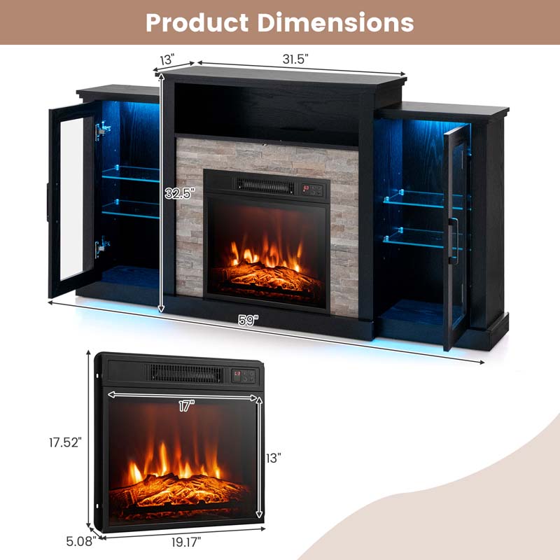 Fireplace TV Stand with 16 Color LED Lights for TVs up to 65", TV Console Entertainment Center with 18" Electric Fireplace Insert