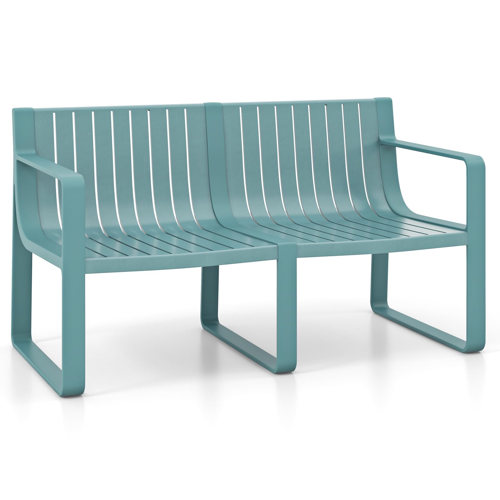 Outdoor Weather-Resistant 2-Person Bench with Curved Backrest, Slatted Design Plastic Loveseat for Patio Poolside Backyard Garden Deck Lawn