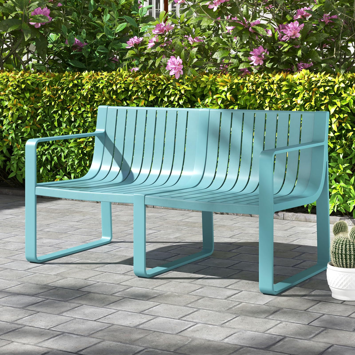 Outdoor Weather-Resistant 2-Person Bench with Curved Backrest, Slatted Design Plastic Loveseat for Patio Poolside Backyard Garden Deck Lawn