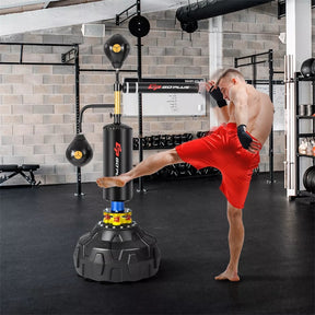 Boxing Speed Trainer Freestanding Punching Bag w/ 360° Spinning Bar, 2 Reflex Balls, Fillable Base, Adjustable Adult Kickboxing MMA Fitness Equipment