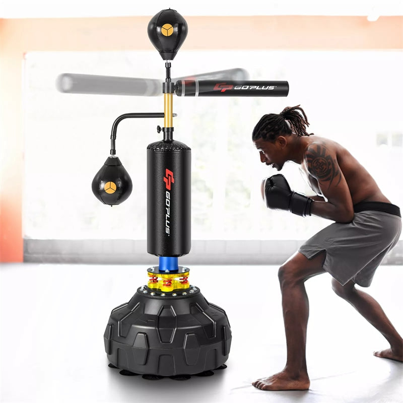 Boxing Speed Trainer Freestanding Punching Bag w/ 360° Spinning Bar, 2 Reflex Balls, Fillable Base, Adjustable Adult Kickboxing MMA Fitness Equipment