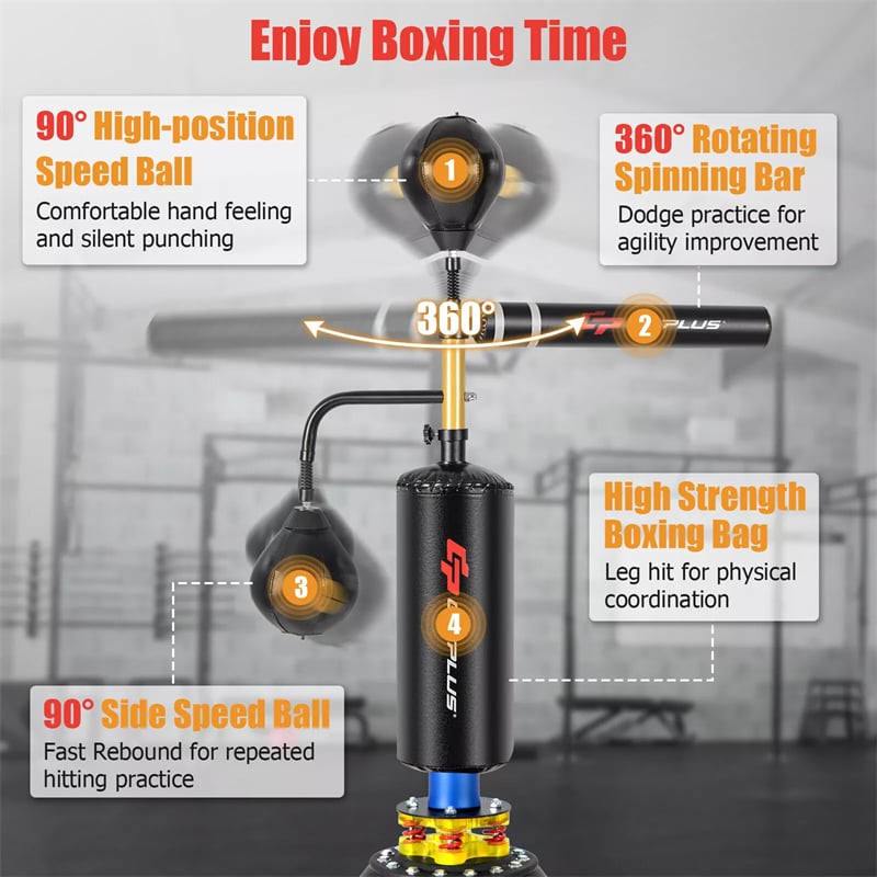 Boxing Speed Trainer Freestanding Punching Bag w/ 360° Spinning Bar, 2 Reflex Balls, Fillable Base, Adjustable Adult Kickboxing MMA Fitness Equipment