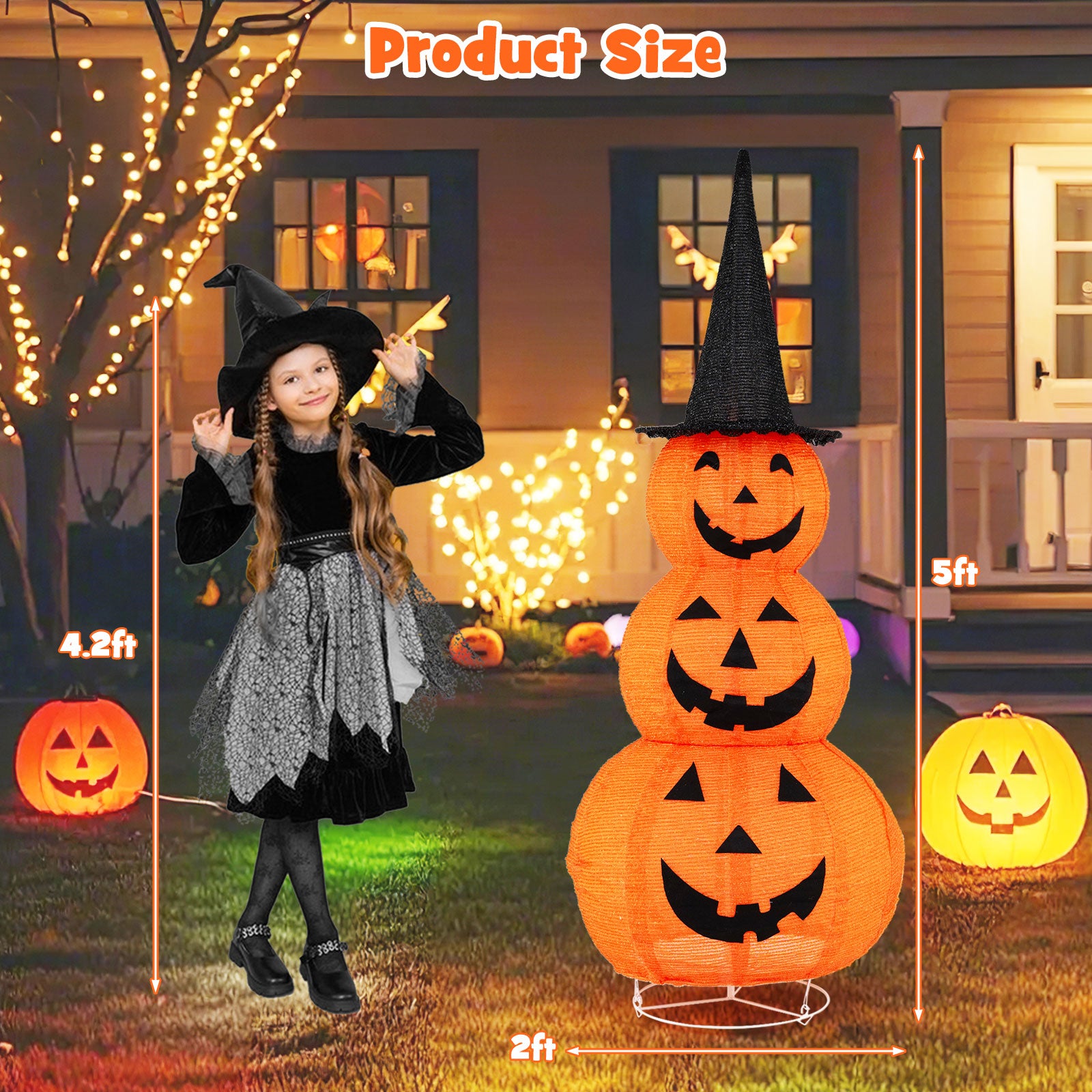 5 FT Halloween Light Up Pumpkin Decoration, Stacked Pumpkins with Witch Hat, Build-in LED Lights, Pop Up Jack-o-Lantern with Metal Stand for Indoor Outdoor Yard Holiday Decoration