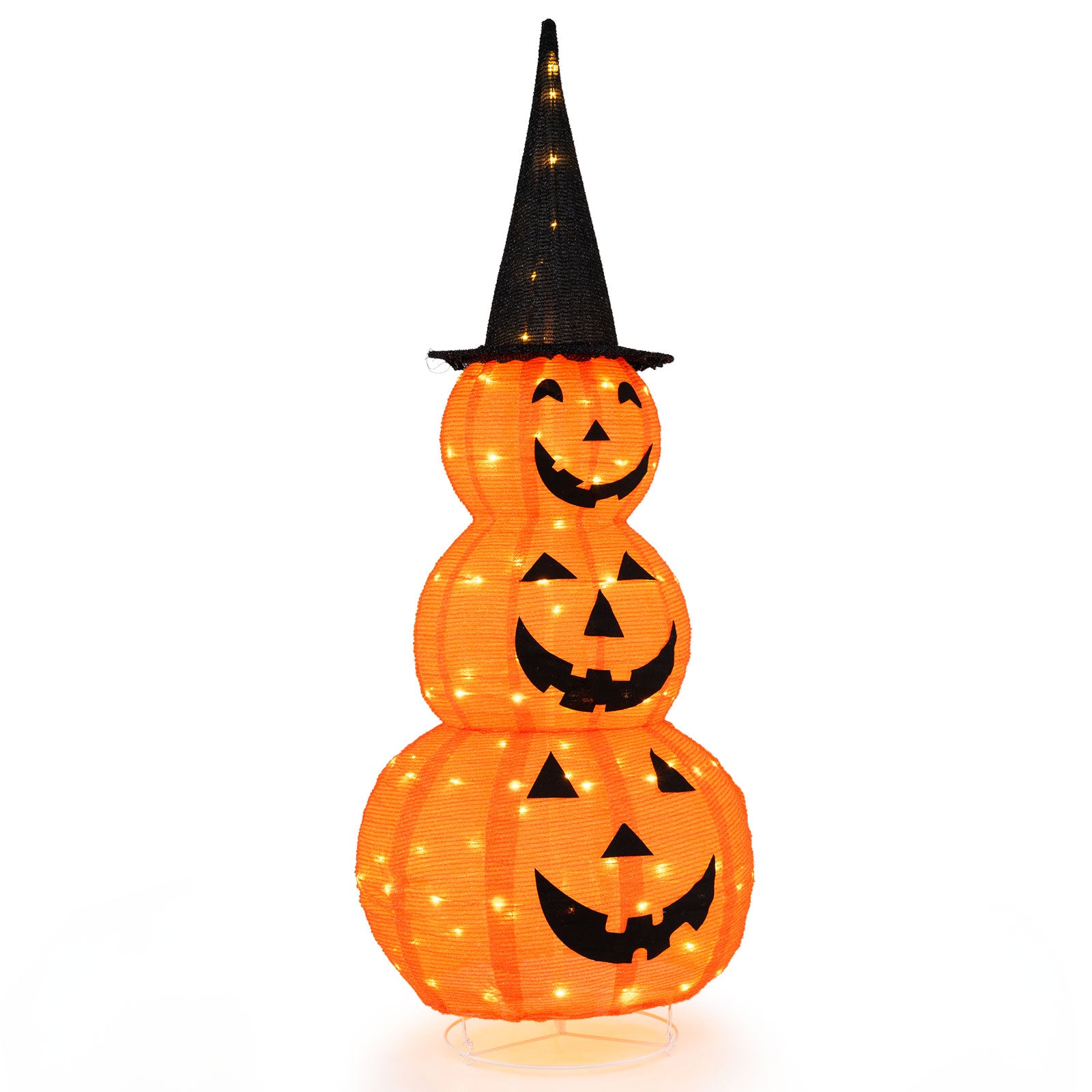 5 FT Halloween Light Up Pumpkin Decoration, Stacked Pumpkins with Witch Hat, Build-in LED Lights, Pop Up Jack-o-Lantern with Metal Stand for Indoor Outdoor Yard Holiday Decoration