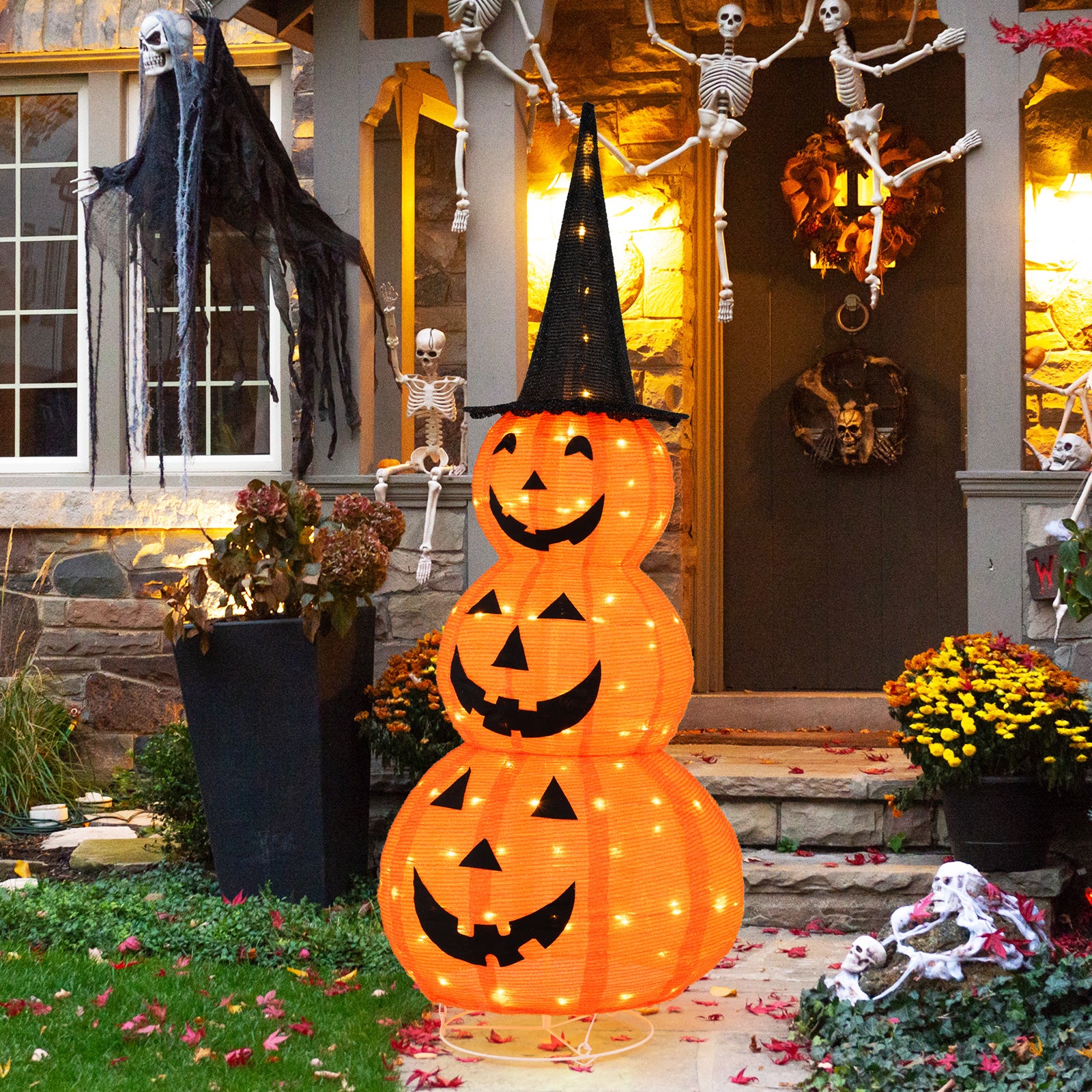 5 FT Halloween Light Up Pumpkin Decoration, Stacked Pumpkins with Witch Hat, Build-in LED Lights, Pop Up Jack-o-Lantern with Metal Stand for Indoor Outdoor Yard Holiday Decoration