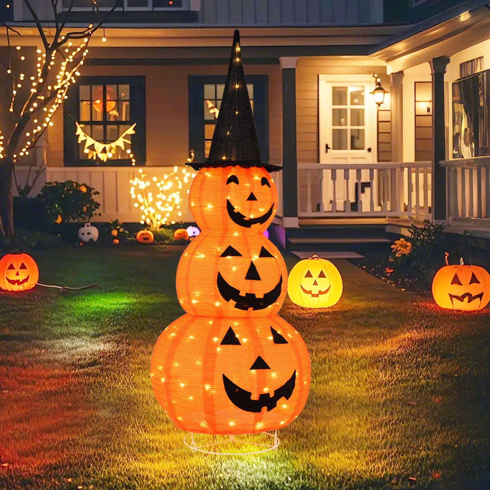 5 FT Halloween Light Up Pumpkin Decoration, Stacked Pumpkins with Witch Hat, Build-in LED Lights, Pop Up Jack-o-Lantern with Metal Stand for Indoor Outdoor Yard Holiday Decoration
