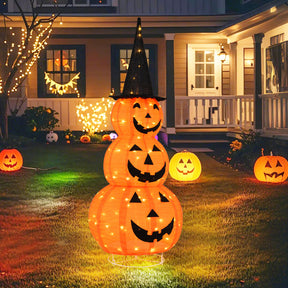 5 FT Halloween Light Up Pumpkin Decoration, Stacked Pumpkins with Witch Hat, Build-in LED Lights, Pop Up Jack-o-Lantern with Metal Stand for Indoor Outdoor Yard Holiday Decoration