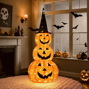 5 FT Halloween Light Up Pumpkin Decoration, Stacked Pumpkins with Witch Hat, Build-in LED Lights, Pop Up Jack-o-Lantern with Metal Stand for Indoor Outdoor Yard Holiday Decoration