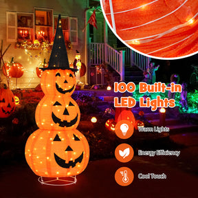 5 FT Halloween Light Up Pumpkin Decoration, Stacked Pumpkins with Witch Hat, Build-in LED Lights, Pop Up Jack-o-Lantern with Metal Stand for Indoor Outdoor Yard Holiday Decoration