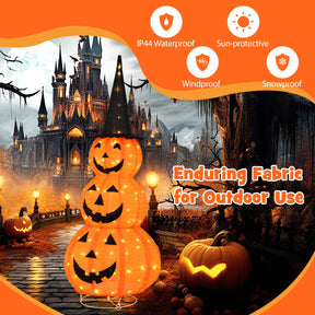 5 FT Halloween Light Up Pumpkin Decoration, Stacked Pumpkins with Witch Hat, Build-in LED Lights, Pop Up Jack-o-Lantern with Metal Stand for Indoor Outdoor Yard Holiday Decoration