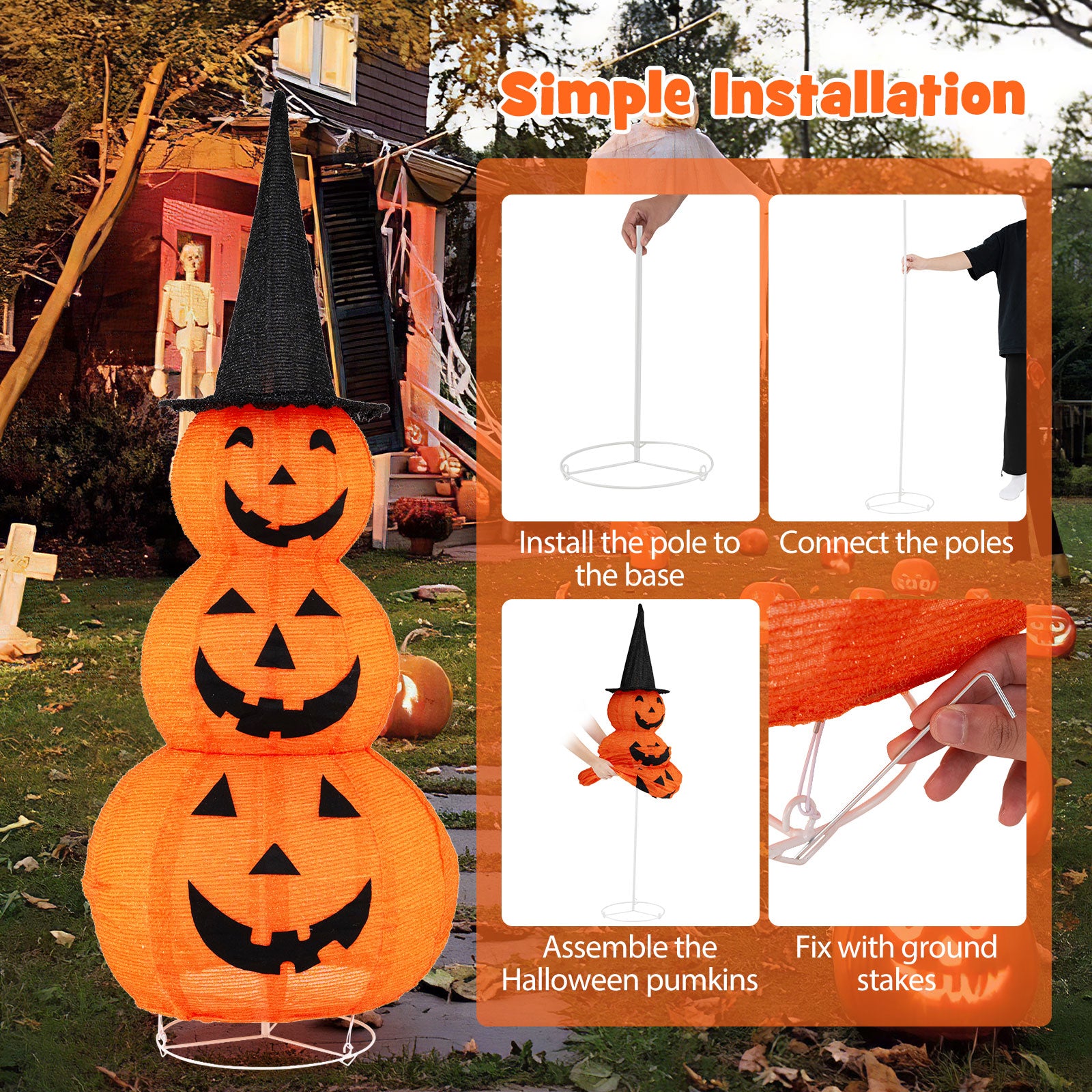 5 FT Halloween Light Up Pumpkin Decoration, Stacked Pumpkins with Witch Hat, Build-in LED Lights, Pop Up Jack-o-Lantern with Metal Stand for Indoor Outdoor Yard Holiday Decoration