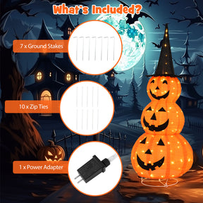 5 FT Halloween Light Up Pumpkin Decoration, Stacked Pumpkins with Witch Hat, Build-in LED Lights, Pop Up Jack-o-Lantern with Metal Stand for Indoor Outdoor Yard Holiday Decoration