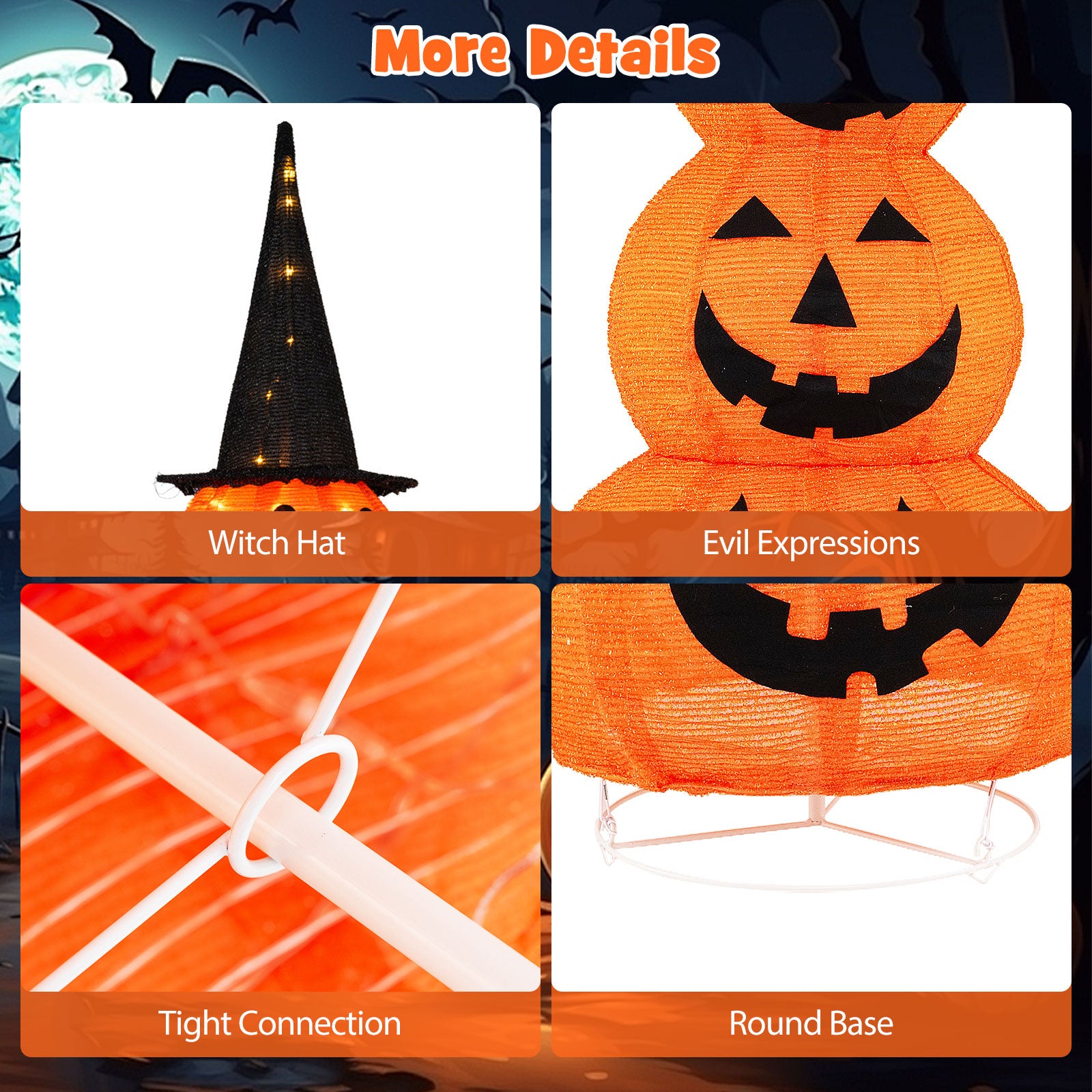 5 FT Halloween Light Up Pumpkin Decoration, Stacked Pumpkins with Witch Hat, Build-in LED Lights, Pop Up Jack-o-Lantern with Metal Stand for Indoor Outdoor Yard Holiday Decoration
