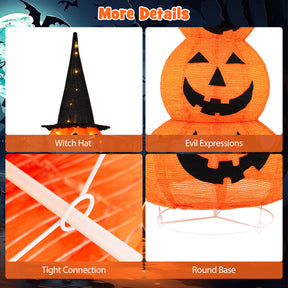 5 FT Halloween Light Up Pumpkin Decoration, Stacked Pumpkins with Witch Hat, Build-in LED Lights, Pop Up Jack-o-Lantern with Metal Stand for Indoor Outdoor Yard Holiday Decoration