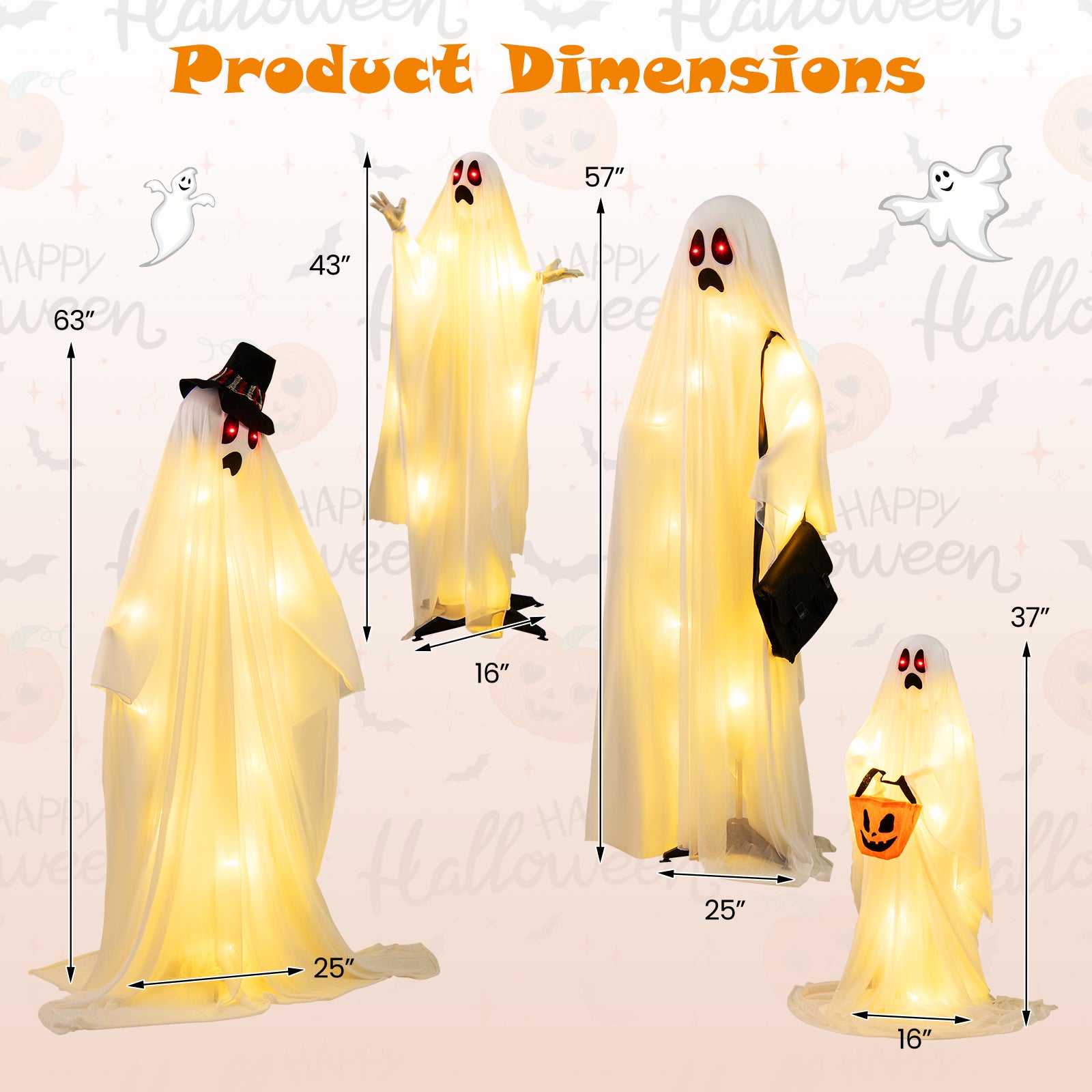 Halloween Light Up Family Ghosts, 4 PCS LED Glowing Halloween Ghosts, Lifesize Standing Family Ghosts for Yard, Garden, Lawn Festival Holiday Party