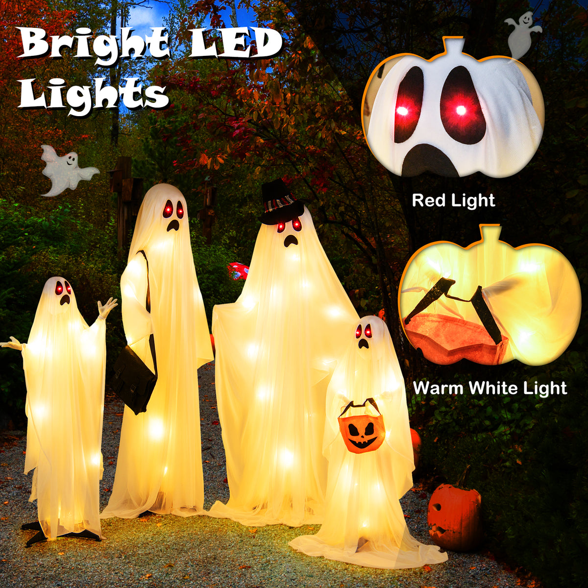 Halloween Light Up Family Ghosts, 4 PCS LED Glowing Halloween Ghosts, Lifesize Standing Family Ghosts for Yard, Garden, Lawn Festival Holiday Party