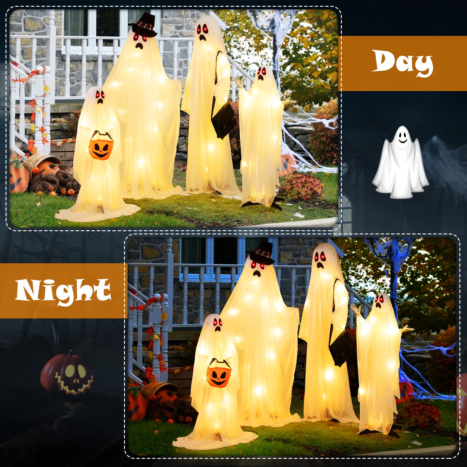 Halloween Light Up Family Ghosts, 4 PCS LED Glowing Halloween Ghosts, Lifesize Standing Family Ghosts for Yard, Garden, Lawn Festival Holiday Party
