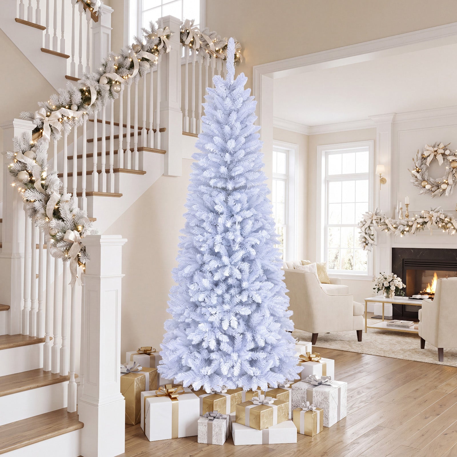 7 FT Pre-Lit Artificial Christmas Tree w/ 300 Warm White LED Lights, 8-Mode