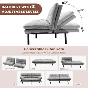 Modern Futon Sofa Bed, Linen Fabric Memory Foam Convertible Futon Couch with Adjustable Backrest & Armrests, Metal Legs