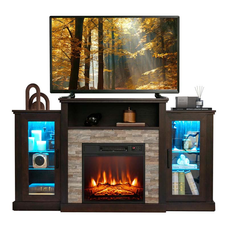 Fireplace TV Stand with 16 Color LED Lights for TVs up to 65", TV Console Entertainment Center with 18" Electric Fireplace Insert