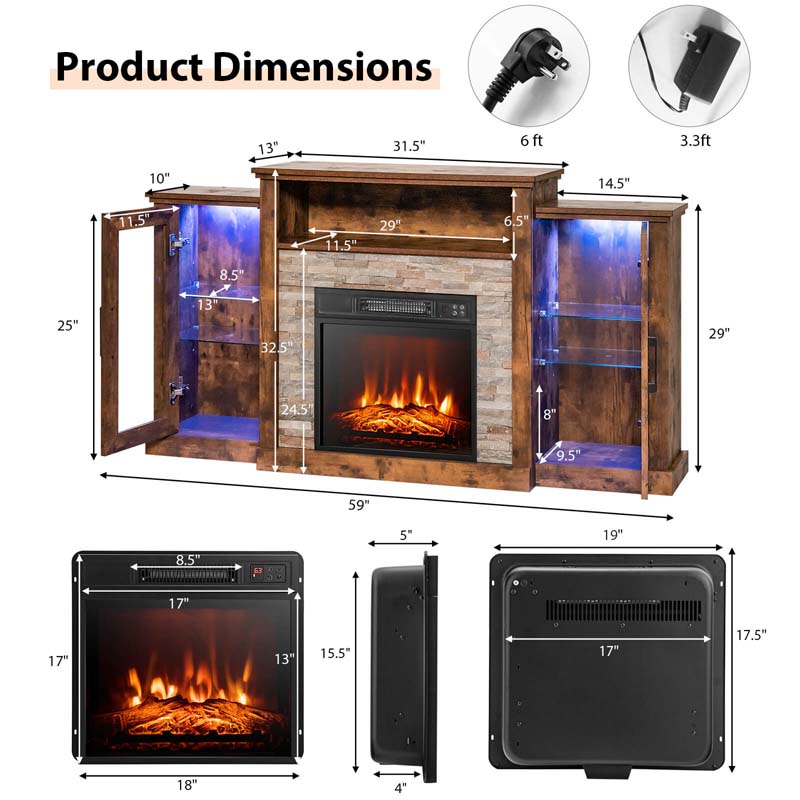 Fireplace TV Stand with 16 Color LED Lights for TVs up to 65", TV Console Entertainment Center with 18" Electric Fireplace Insert