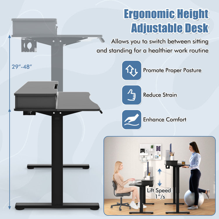 Electric Standing Desk with 2 Drawers, 3 Memory Positions, 63" x 24" Height Adjustable Electric Sit Stand Desk for Home Office Bedroom