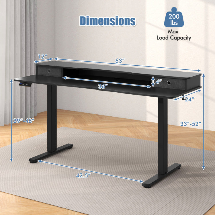 Electric Standing Desk with 2 Drawers, 3 Memory Positions, 63" x 24" Height Adjustable Electric Sit Stand Desk for Home Office Bedroom