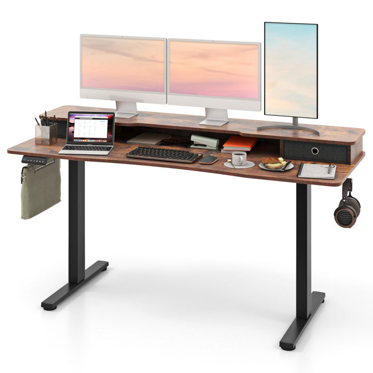 Electric Standing Desk with 2 Drawers, 3 Memory Positions, 63" x 24" Height Adjustable Electric Sit Stand Desk for Home Office Bedroom