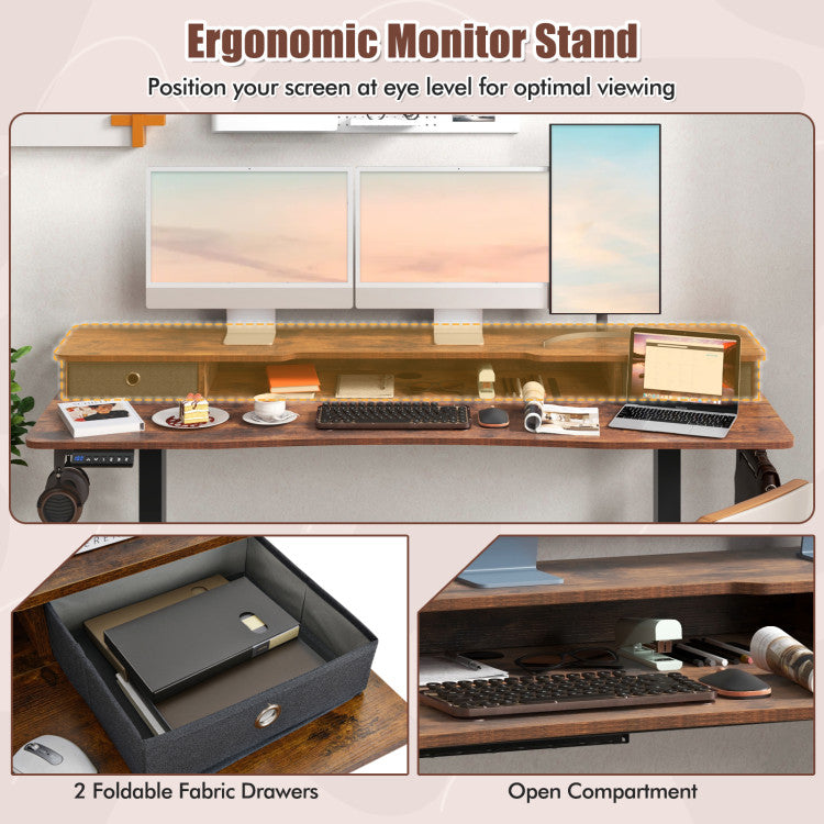 Electric Standing Desk with 2 Drawers, 3 Memory Positions, 63" x 24" Height Adjustable Electric Sit Stand Desk for Home Office Bedroom