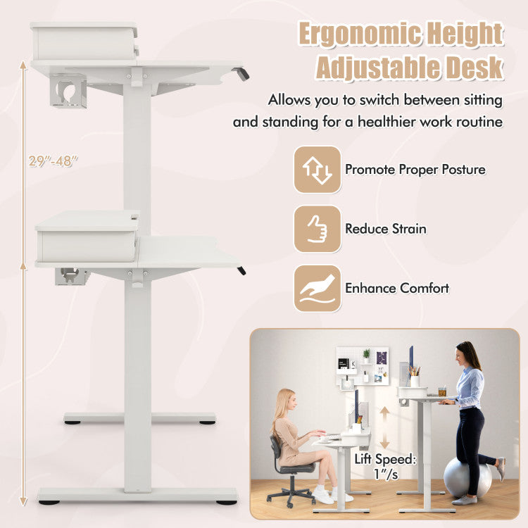 Electric Standing Desk with 2 Drawers, 3 Memory Positions, 63" x 24" Height Adjustable Electric Sit Stand Desk for Home Office Bedroom