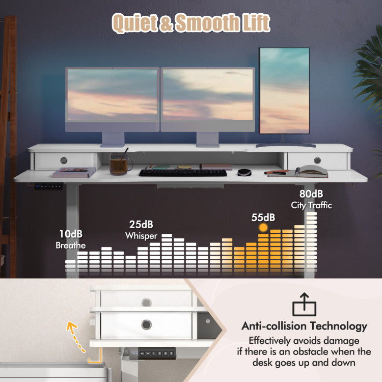 Electric Standing Desk with 2 Drawers, 3 Memory Positions, 63" x 24" Height Adjustable Electric Sit Stand Desk for Home Office Bedroom