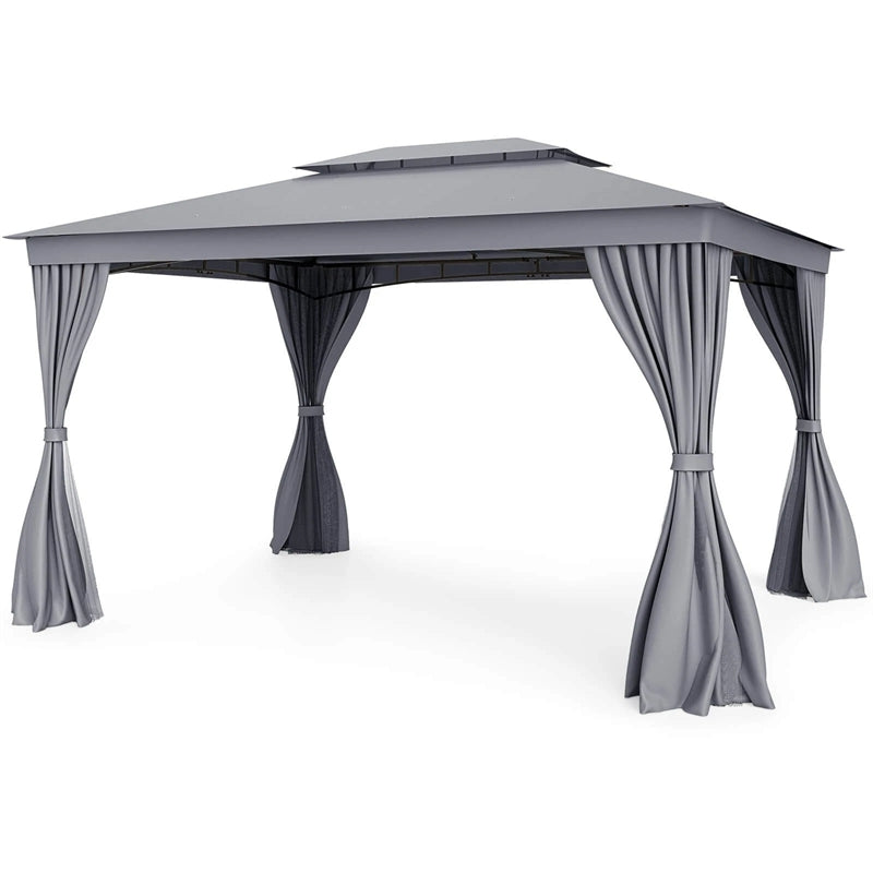 10 x 13 FT Patio Gazebo, Double-Roof Outdoor Canopy Tent with Mesh Netting & Privacy Curtains, Heavy-Duty Metal Frame Pavilion for Garden Yard