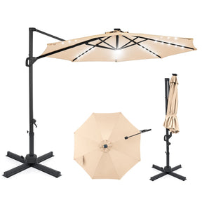 10FT Cantilever Patio Umbrella w/ 36 Solar LED Lights, 360° Rotation Offset Hanging Umbrella, Easy Tilt, 8 Sturdy Ribs, Sun Shade for Yard Pool
