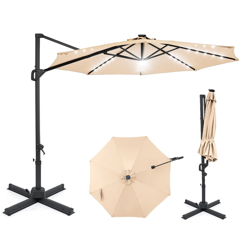 10FT Cantilever Patio Umbrella w/ 36 Solar LED Lights, 360° Rotation Offset Hanging Umbrella, Easy Tilt, 8 Sturdy Ribs, Sun Shade for Yard Pool