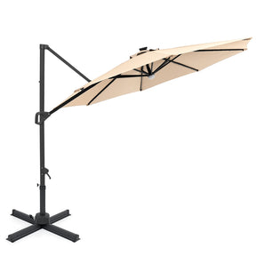 10FT Cantilever Patio Umbrella w/ 36 Solar LED Lights, 360° Rotation Offset Hanging Umbrella, Easy Tilt, 8 Sturdy Ribs, Sun Shade for Yard Pool