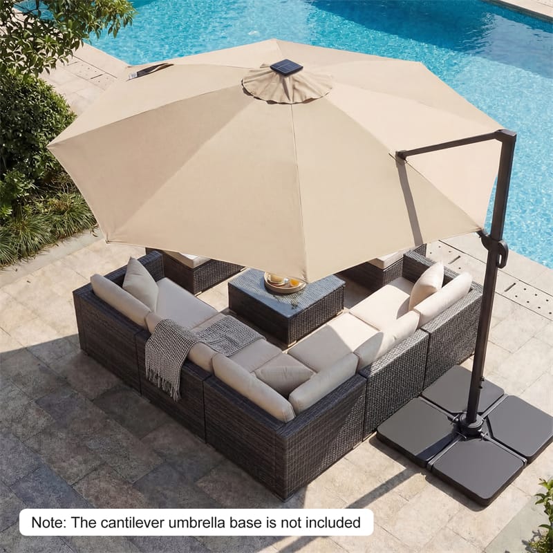 10FT Cantilever Patio Umbrella w/ 36 Solar LED Lights, 360° Rotation Offset Hanging Umbrella, Easy Tilt, 8 Sturdy Ribs, Sun Shade for Yard Pool