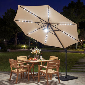 10FT Cantilever Patio Umbrella w/ 36 Solar LED Lights, 360° Rotation Offset Hanging Umbrella, Easy Tilt, 8 Sturdy Ribs, Sun Shade for Yard Pool