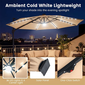 10FT Cantilever Patio Umbrella w/ 36 Solar LED Lights, 360° Rotation Offset Hanging Umbrella, Easy Tilt, 8 Sturdy Ribs, Sun Shade for Yard Pool